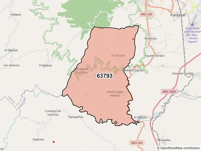 Mapa del código postal 63793, Xalisco, Nayarit