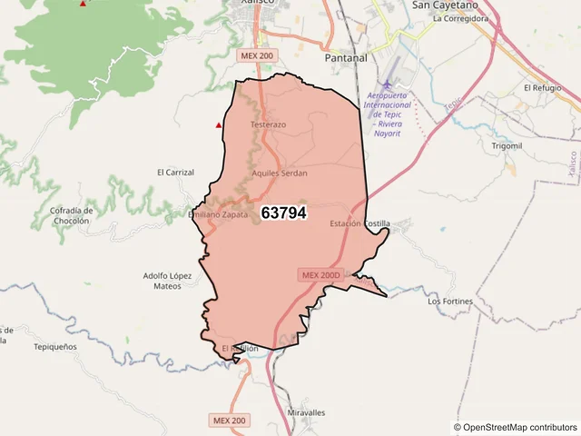 Mapa del código postal 63794, Xalisco, Nayarit
