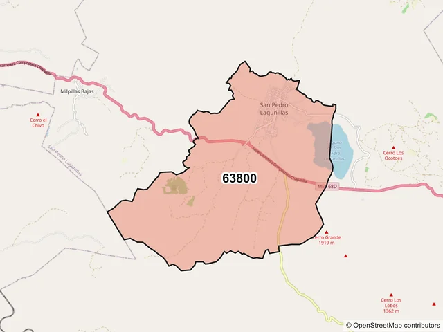 Mapa del código postal 63800, San Pedro Lagunillas, Nayarit