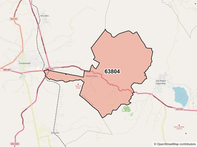 Mapa del código postal 63804, San Pedro Lagunillas, Nayarit