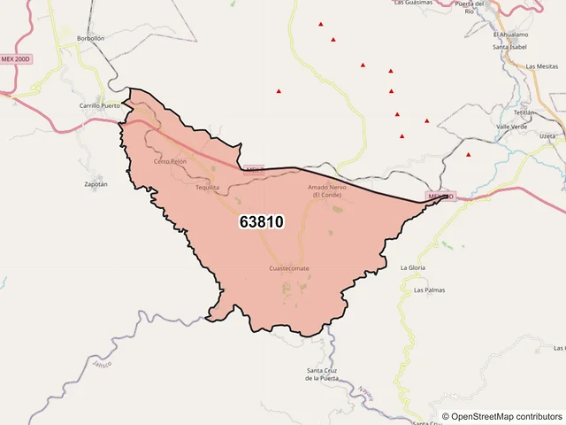 Mapa del código postal 63810, San Pedro Lagunillas, Nayarit