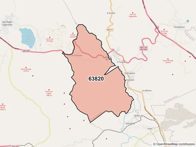 Mapa del código postal 63820, San Pedro Lagunillas, Nayarit