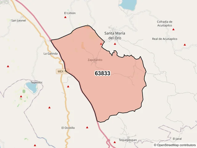 Mapa del código postal 63833, Santa María del Oro, Nayarit