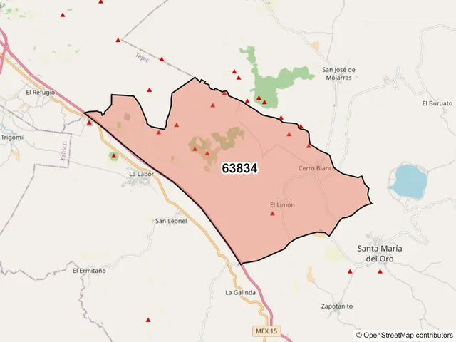 Mapa del código postal 63834, Santa María del Oro, Nayarit