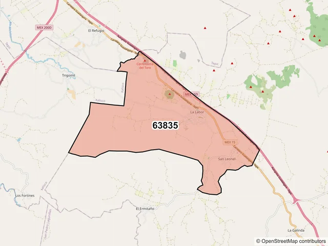 Mapa del código postal 63835, Santa María del Oro, Nayarit
