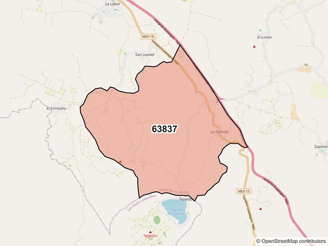 Mapa del código postal 63837, Santa María del Oro, Nayarit