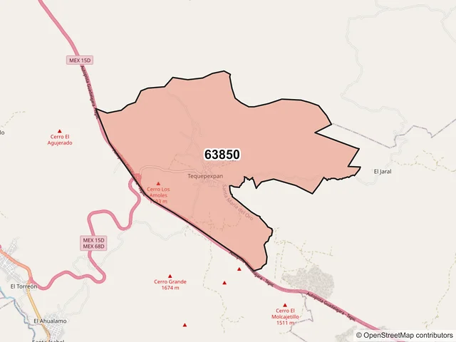 Mapa del código postal 63850, Santa María del Oro, Nayarit