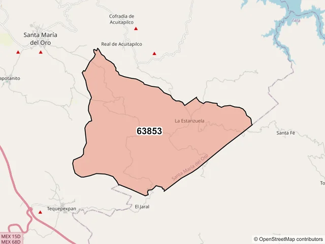 Mapa del código postal 63853, Santa María del Oro, Nayarit