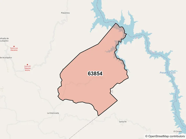 Mapa del código postal 63854, Santa María del Oro, Nayarit