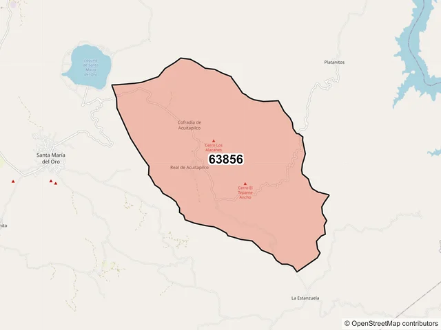 Mapa del código postal 63856, Santa María del Oro, Nayarit