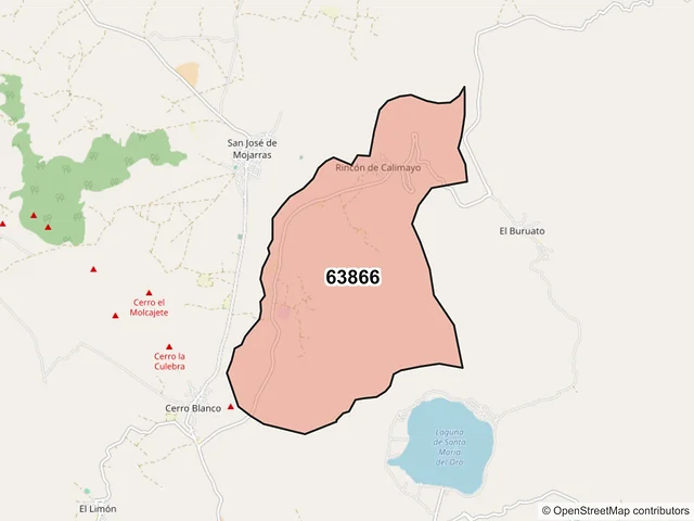 Mapa del código postal 63866, Santa María del Oro, Nayarit