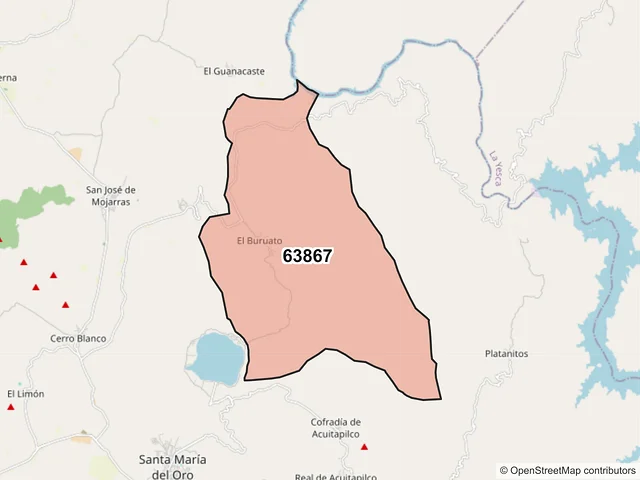 Mapa del código postal 63867, Santa María del Oro, Nayarit