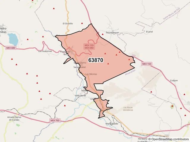 Mapa del código postal 63870, Santa María del Oro, Nayarit