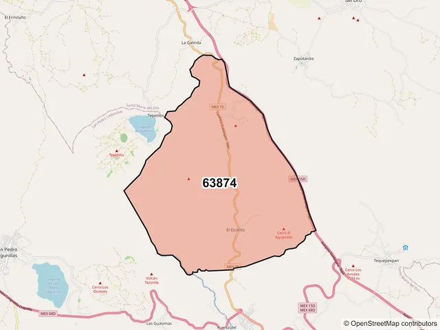 Mapa del código postal 63874, Santa María del Oro, Nayarit