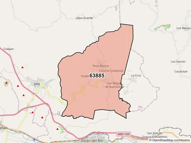 Mapa del código postal 63885, Jala, Nayarit
