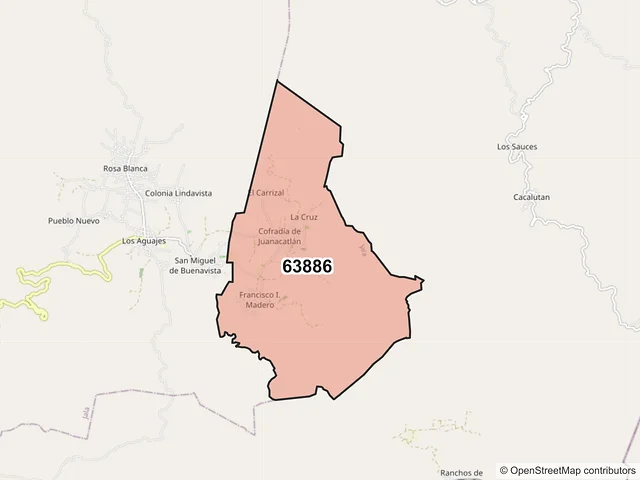 Mapa del código postal 63886, Jala, Nayarit