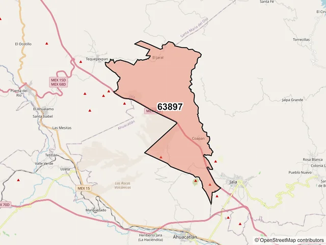 Mapa del código postal 63897, Jala, Nayarit