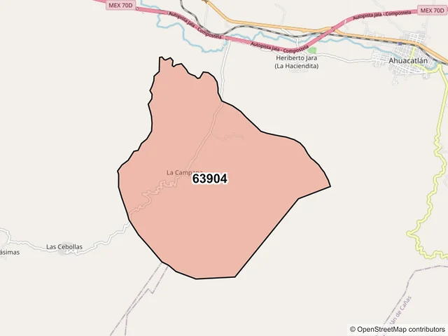 Mapa del código postal 63904, Ahuacatlán, Nayarit