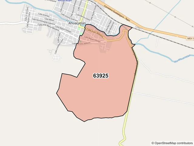 Mapa del código postal 63925, Ahuacatlán, Nayarit
