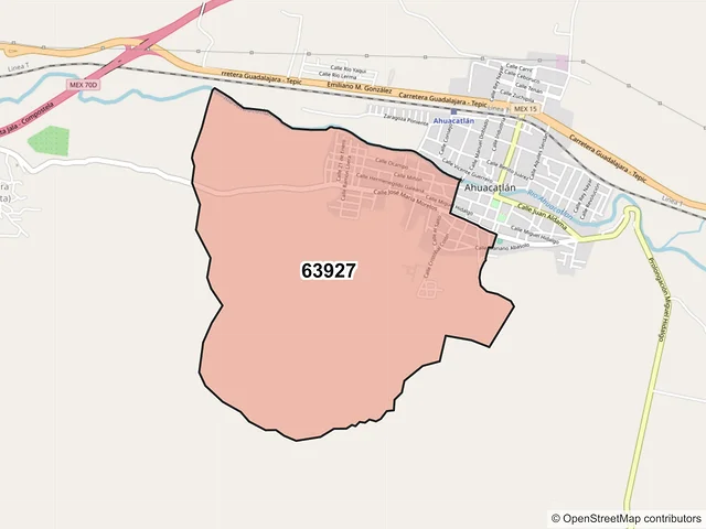 Mapa del código postal 63927, Ahuacatlán, Nayarit