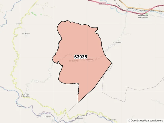Mapa del código postal 63935, Ahuacatlán, Nayarit