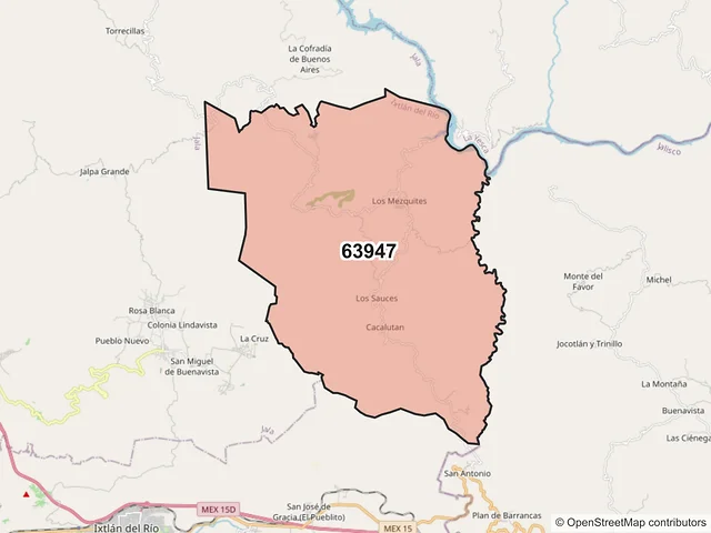 Mapa del código postal 63947, Ixtlán del Río, Nayarit