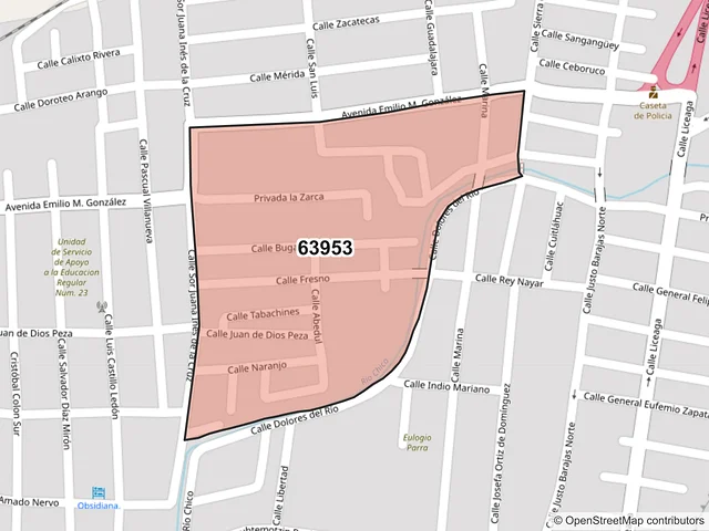 Mapa del código postal 63953, Ixtlán del Río, Nayarit