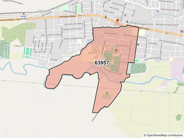 Mapa del código postal 63957, Ixtlán del Río, Nayarit