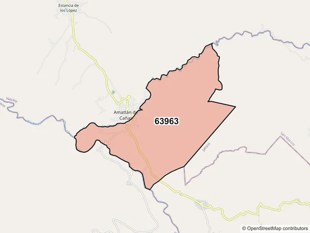 Mapa del código postal 63963, Amatlán de Cañas, Nayarit