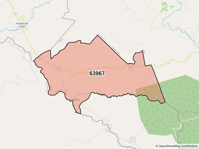 Mapa del código postal 63967, Amatlán de Cañas, Nayarit