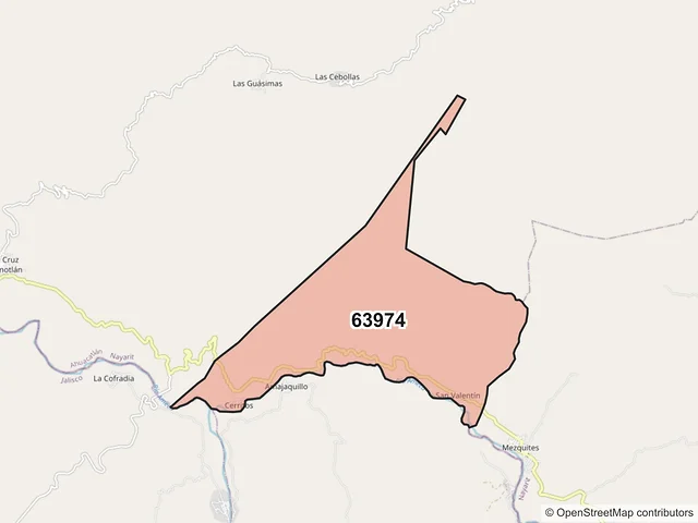 Mapa del código postal 63974, Amatlán de Cañas, Nayarit