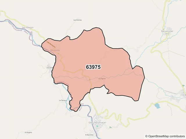 Mapa del código postal 63975, Amatlán de Cañas, Nayarit