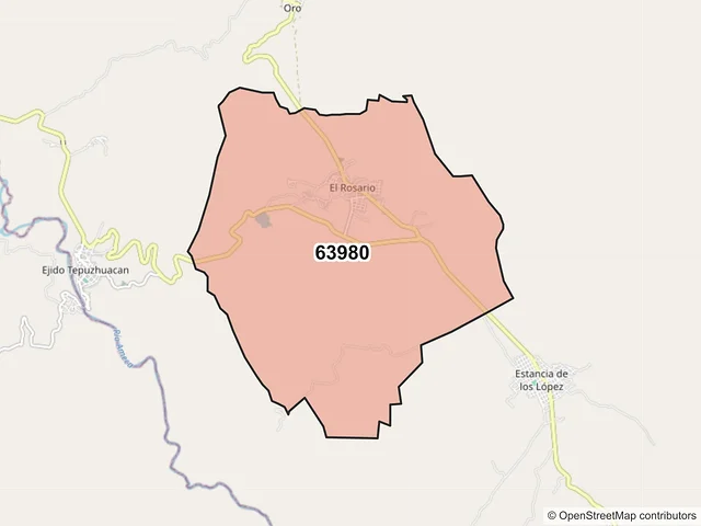 Mapa del código postal 63980, Amatlán de Cañas, Nayarit