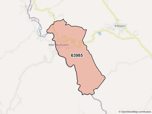 Mapa del código postal 63985, Amatlán de Cañas, Nayarit