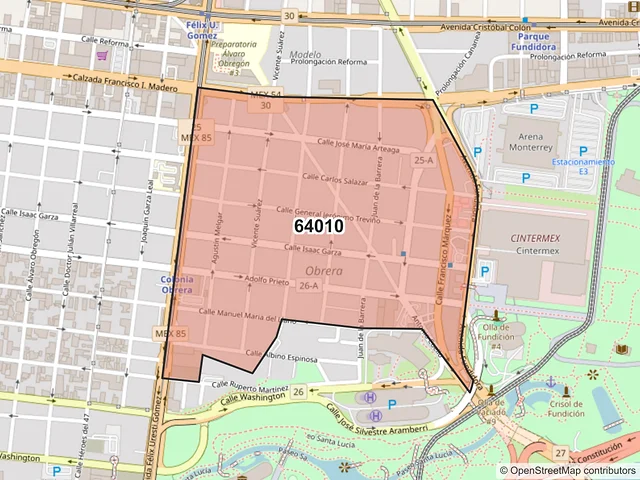 Mapa del código postal 64010, Monterrey, Nuevo León