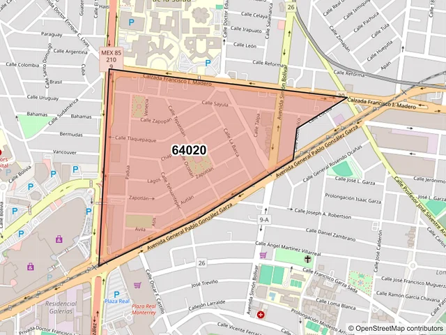 Mapa del código postal 64020, Monterrey, Nuevo León