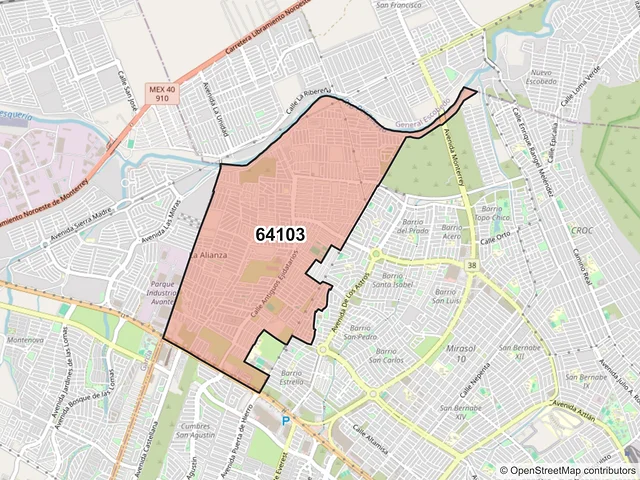 Mapa del código postal 64103, Monterrey, Nuevo León
