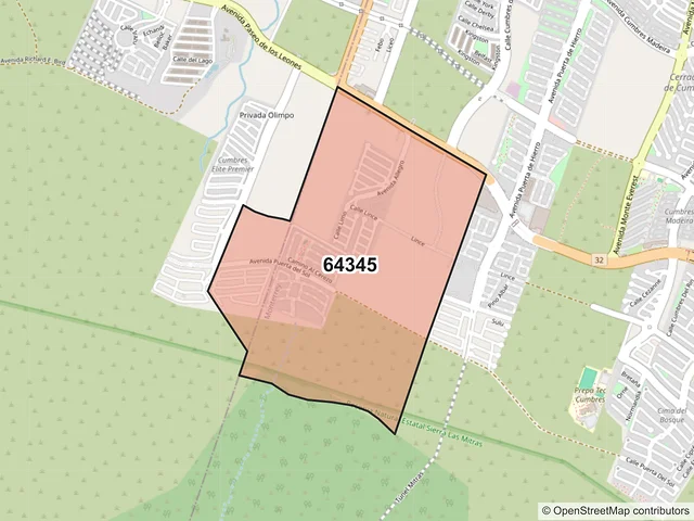Mapa del código postal 64345, Monterrey, Nuevo León