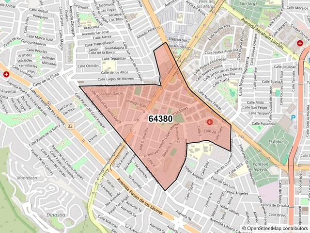 Mapa del código postal 64380, Monterrey, Nuevo León