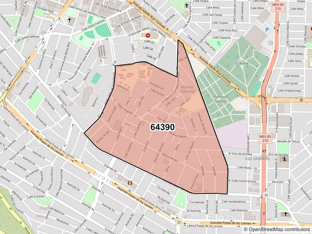 Mapa del código postal 64390, Monterrey, Nuevo León