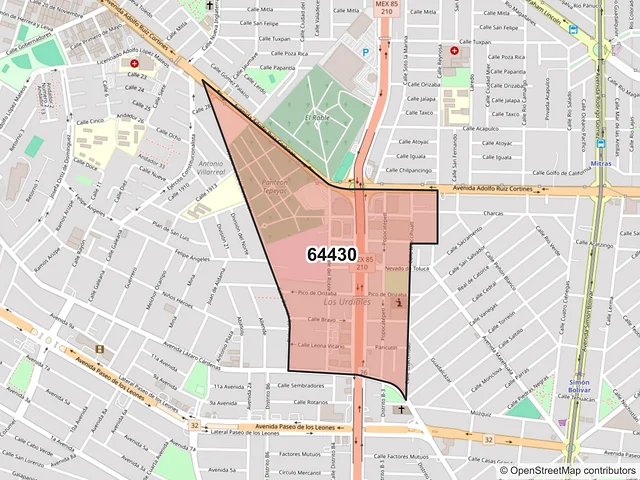 Mapa del código postal 64430, Monterrey, Nuevo León