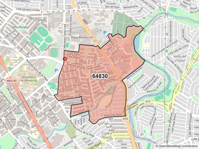 Mapa del código postal 64830, Monterrey, Nuevo León
