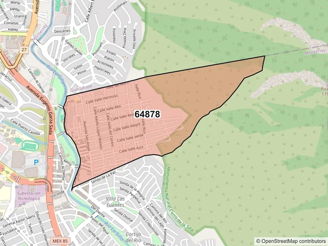 Mapa del código postal 64878, Monterrey, Nuevo León