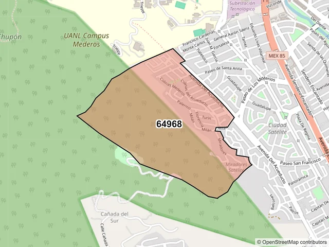 Mapa del código postal 64968, Monterrey, Nuevo León