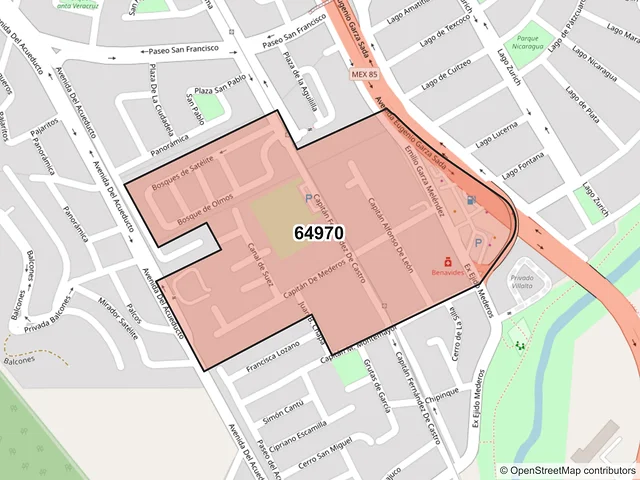 Mapa del código postal 64970, Monterrey, Nuevo León