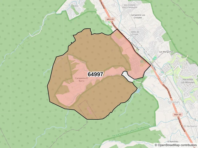 Mapa del código postal 64997, Monterrey, Nuevo León