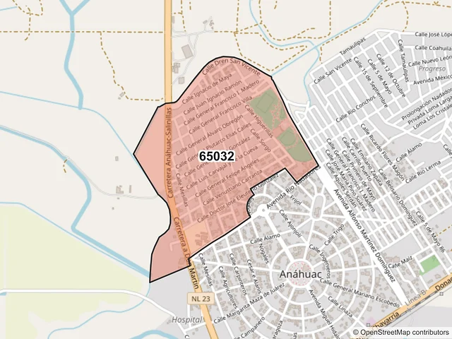 Mapa del código postal 65032, Anáhuac, Nuevo León