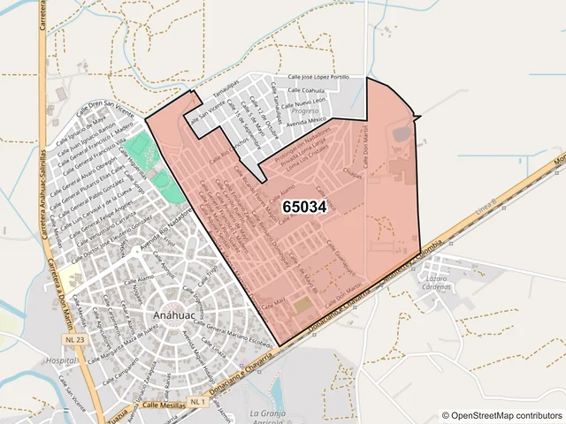 Mapa del código postal 65034, Anáhuac, Nuevo León