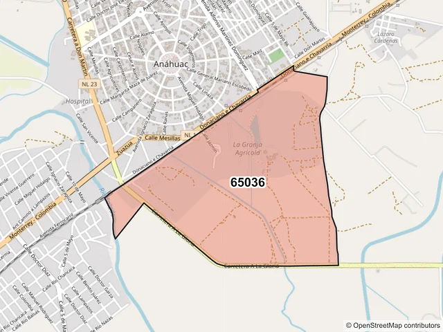 Mapa del código postal 65036, Anáhuac, Nuevo León