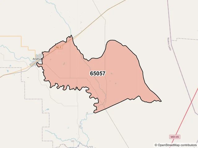 Mapa del código postal 65057, Anáhuac, Nuevo León